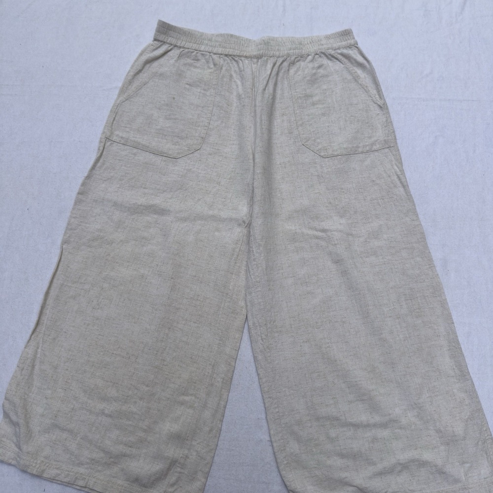 Lilla P Linen Rayon Blend Pull On Wide Leg Pants Size Large Beige Patch Pockets